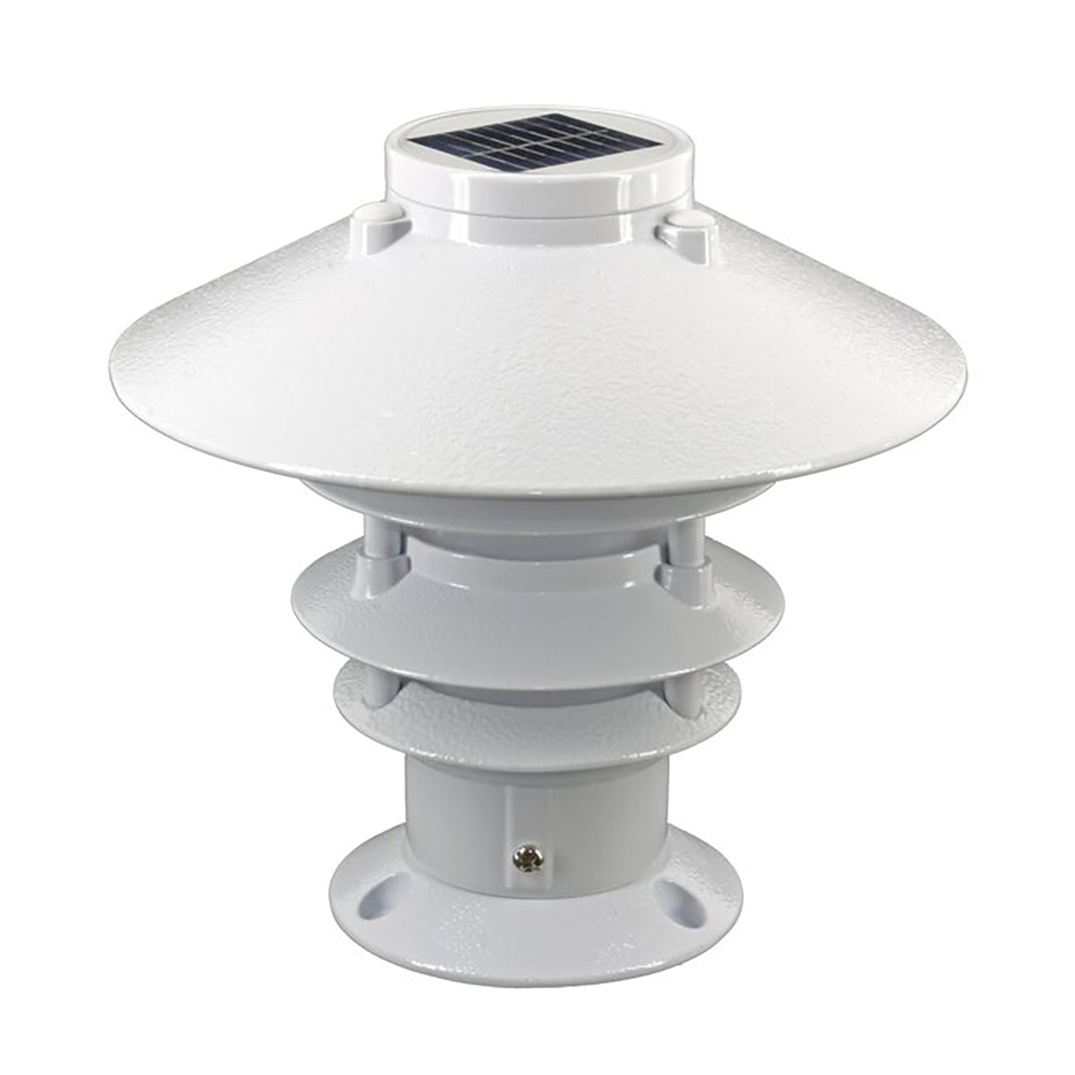 White solar-powered outdoor light fixture on a white background