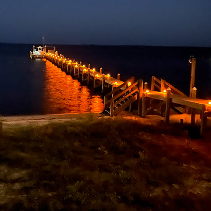 Wooden pier with lights extending into the water at night