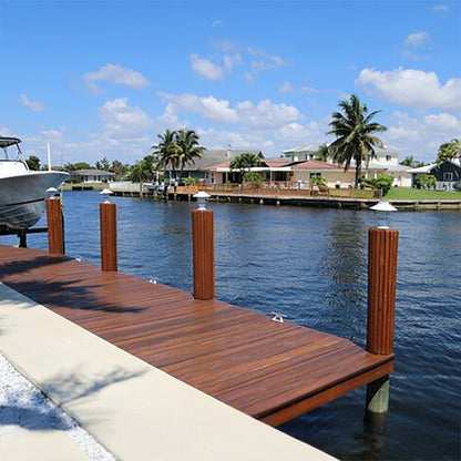 Wooden dock extending into a body of water with palm trees and houses in the background.