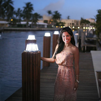 Woman standing next to a dock with solar lights on wooden posts at night.