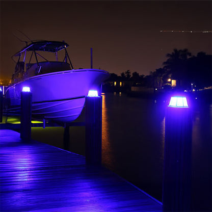 Boat docked at a pier with purple lighting at night