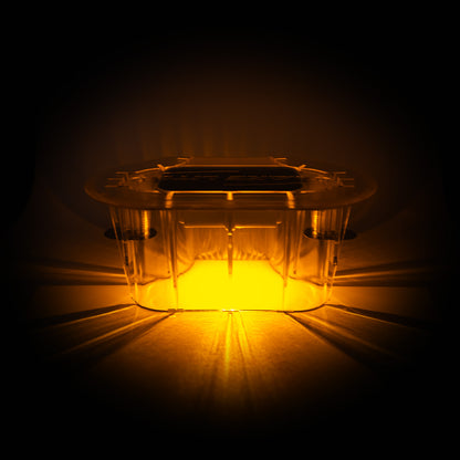 Amber-colored light bulb in a clear holder on a dark background