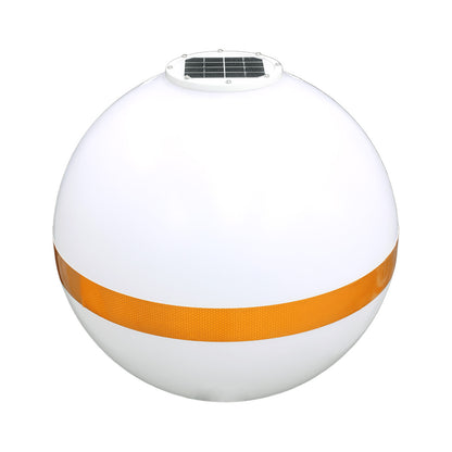 White spherical object with an orange band and solar panel on a white background