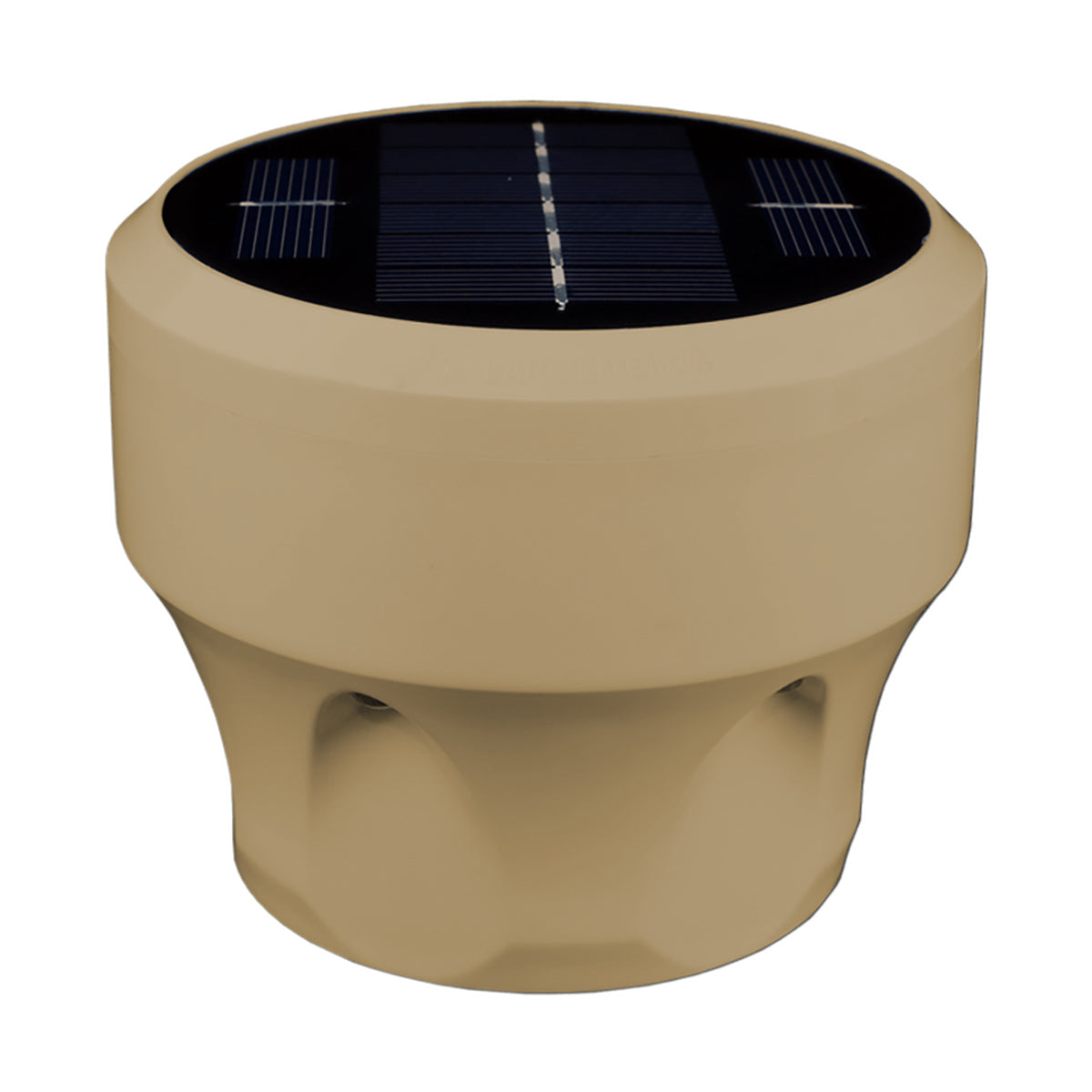 Beige cylindrical object with a solar panel on top against a white background