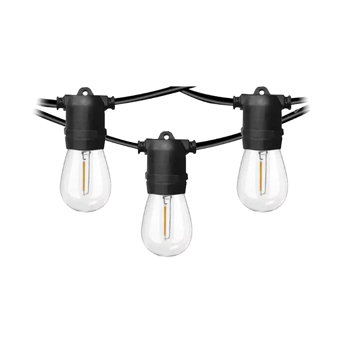 String of outdoor lights with clear bulbs and black connectors on a white background