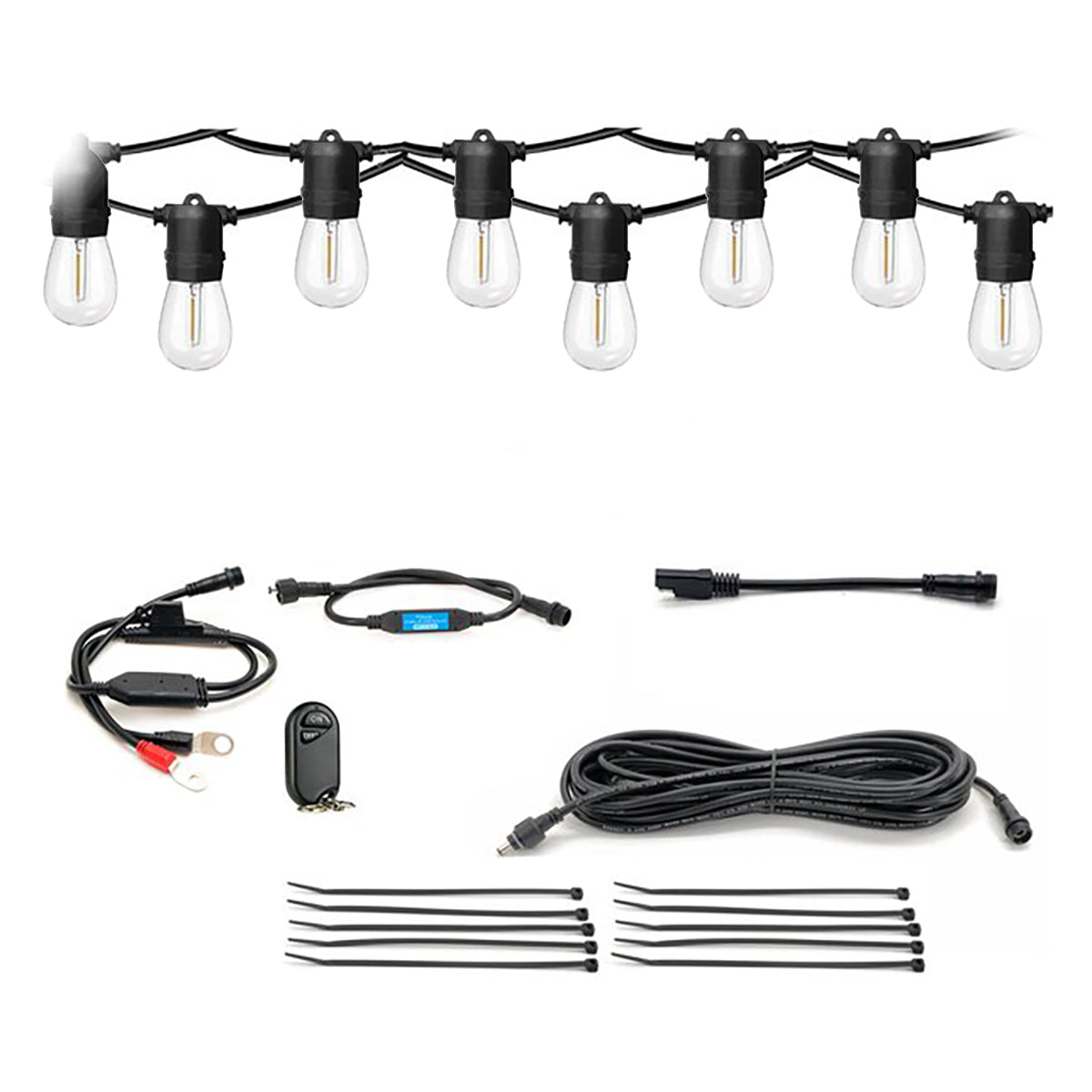 Outdoor string light kit with bulbs, connectors, and control cable on a white background