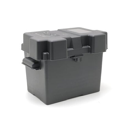 Group 27 12V battery box with lid closed, angled view