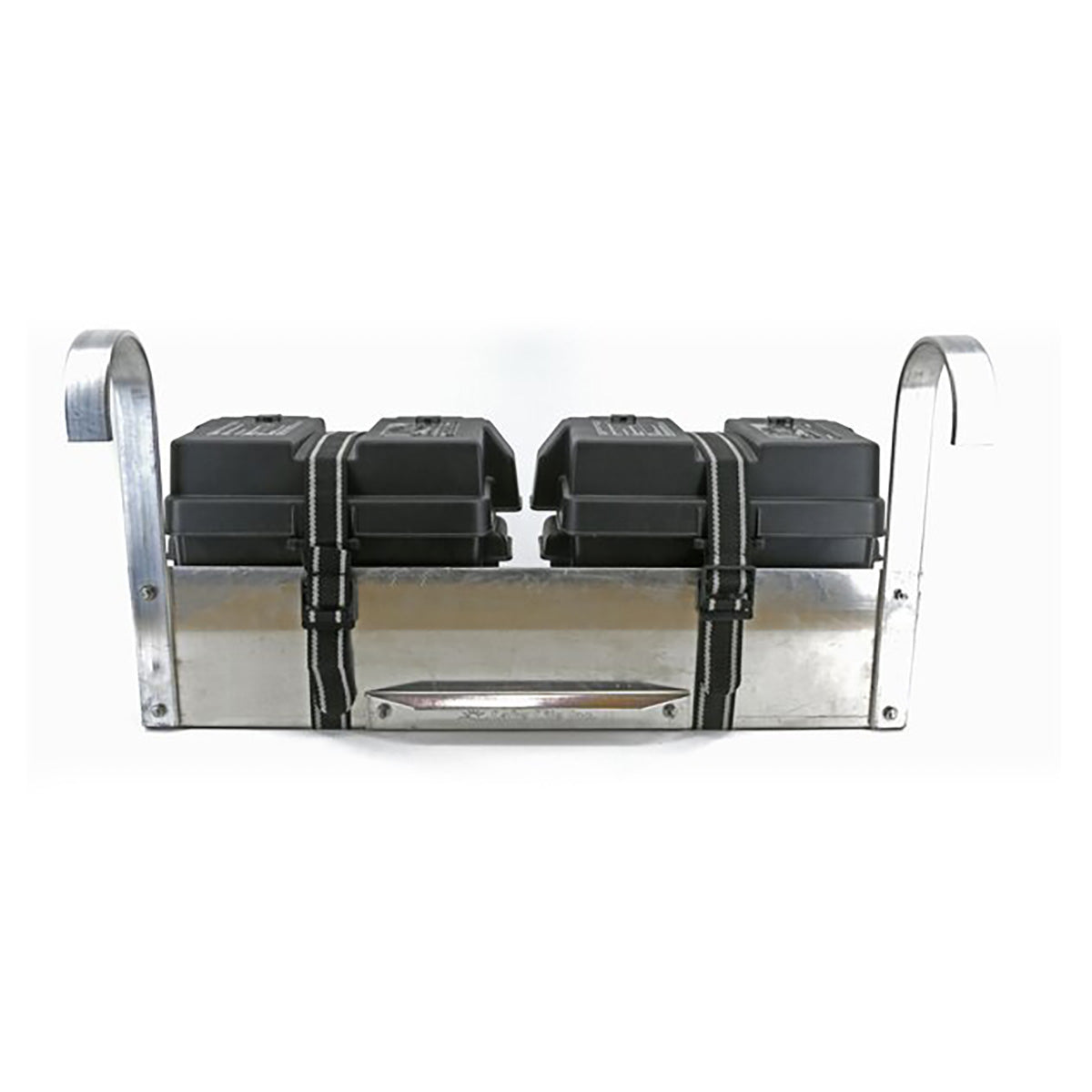 Dual hanging boat lift battery tray with two battery boxes, front view