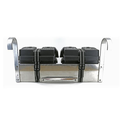 Dual hanging boat lift battery tray with two battery boxes, front view