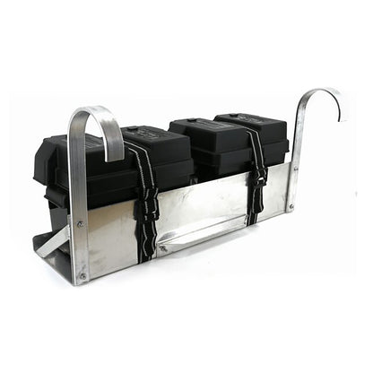 Dual hanging boat lift battery tray holding two strapped battery boxes