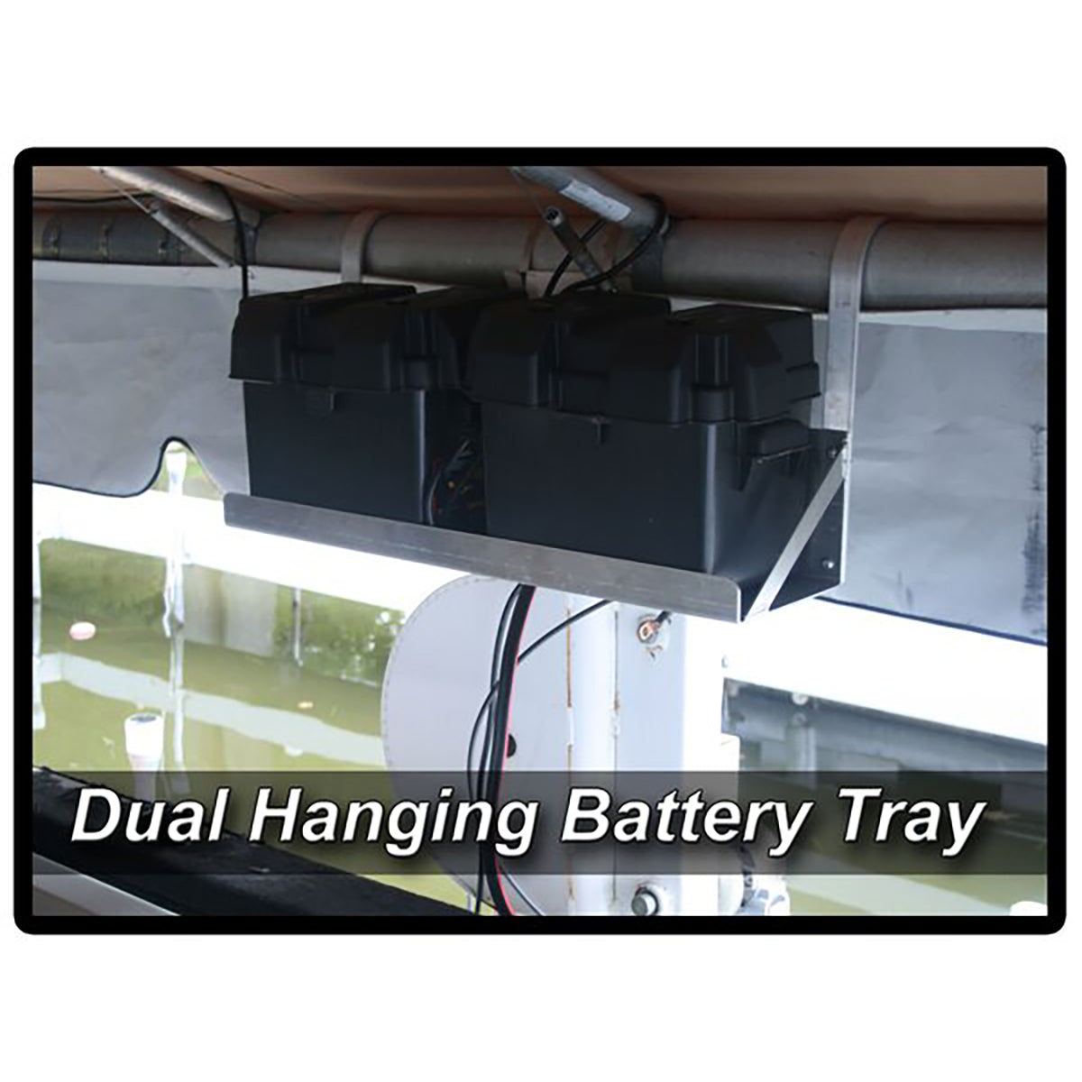 Dual hanging battery tray with two battery boxes mounted under a boat lift