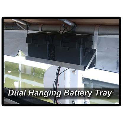 Dual hanging battery tray with two battery boxes mounted under a boat lift