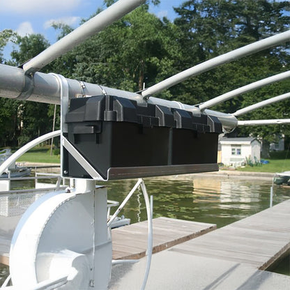 Dual hanging battery tray with battery boxes installed on a boat lift frame
