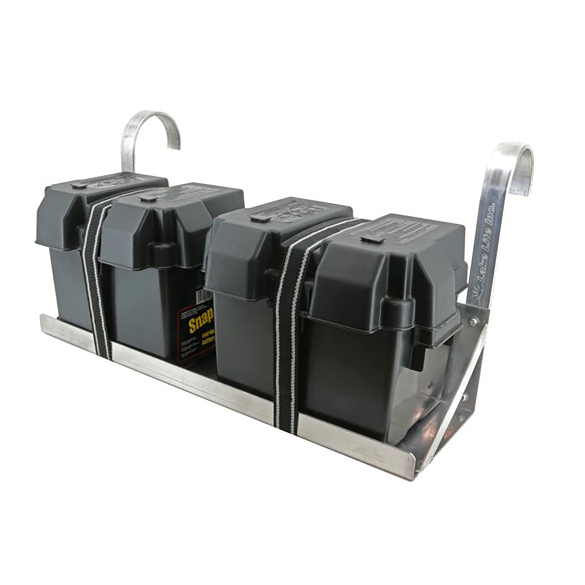 Dual hanging boat lift battery tray holding two battery boxes, angled view