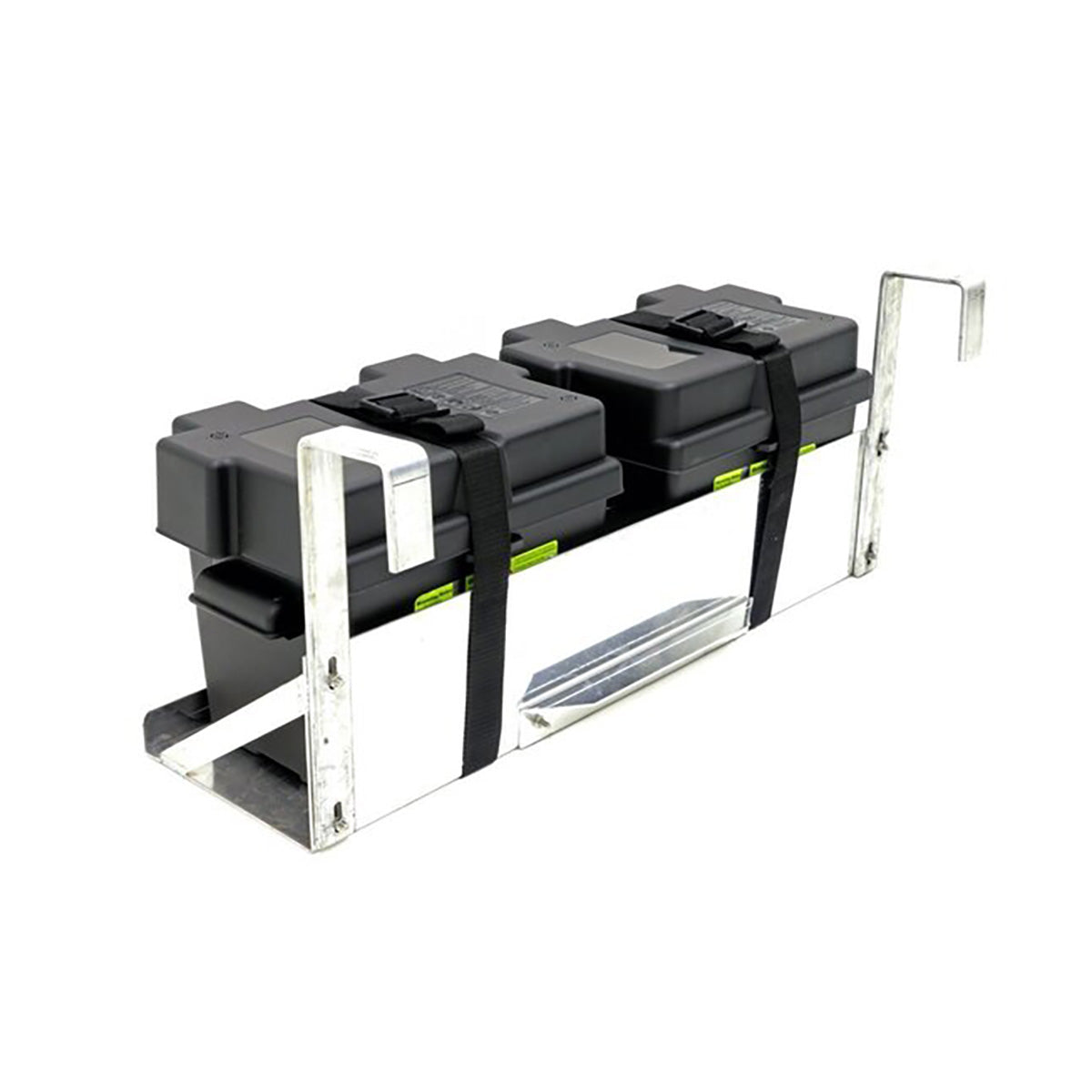 Dual hanging battery tray with square arms holding two strapped battery boxes