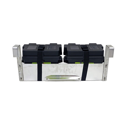 Dual hanging battery tray with square arms and two battery boxes, front view
