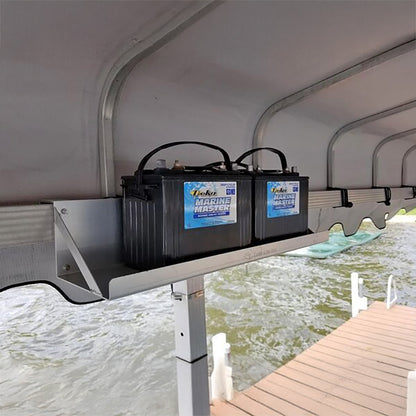 Dual hanging battery tray with two marine batteries installed under a boat lift canopy