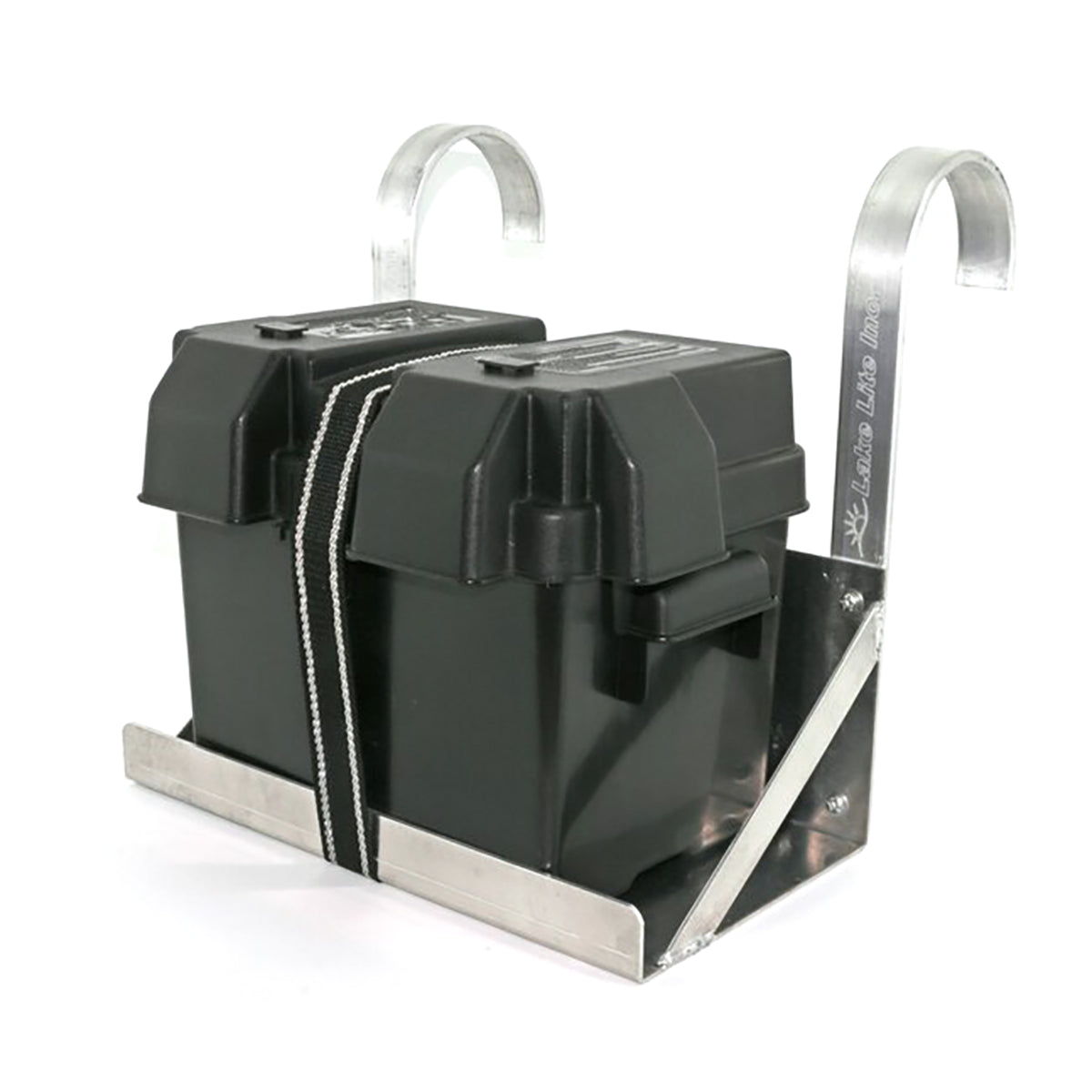 Single hanging battery tray with rounded arms holding a strapped battery box