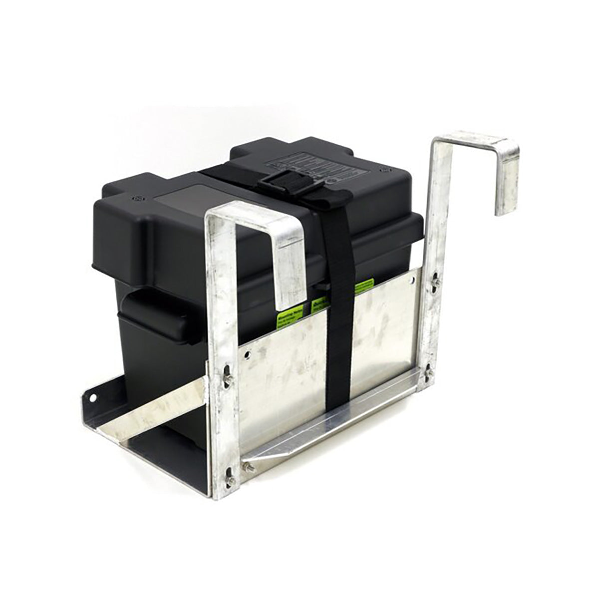 Single hanging battery tray with square arms holding a strapped battery box