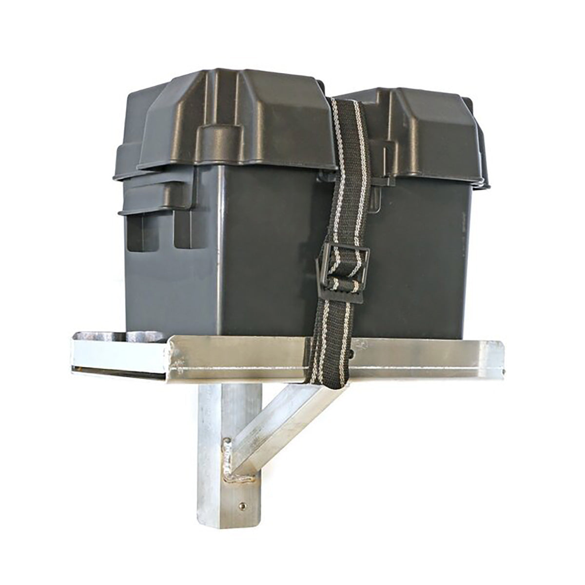 Single universal battery tray holding a strapped battery box