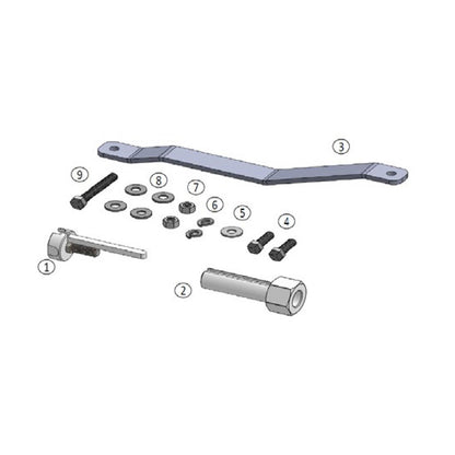 Mechanical parts including a metal bracket, bolts, and washers on a white background