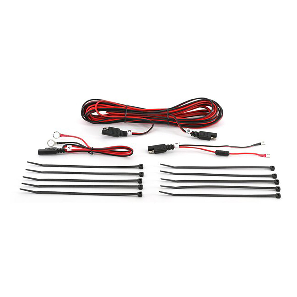 SAE solar panel replacement wiring kit with red and black battery leads, inline fuse, and zip ties