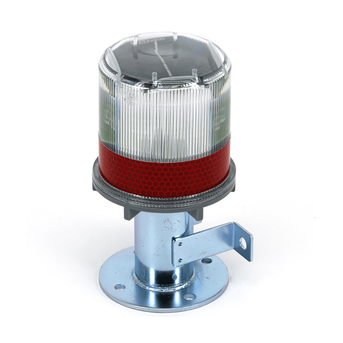 Solar beacon light with red reflector band on a mounting bracket