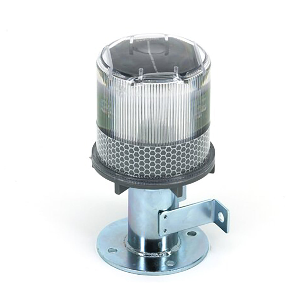 Solar beacon light with clear lens and white reflector on a mounting bracket