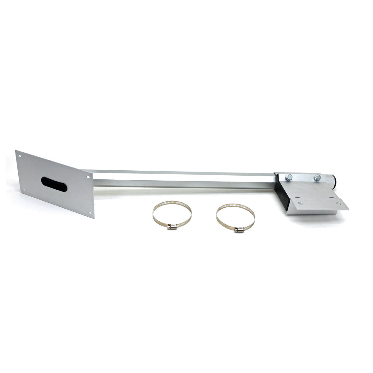 Solar panel mounting arm with bracket attached and hose clamps. 